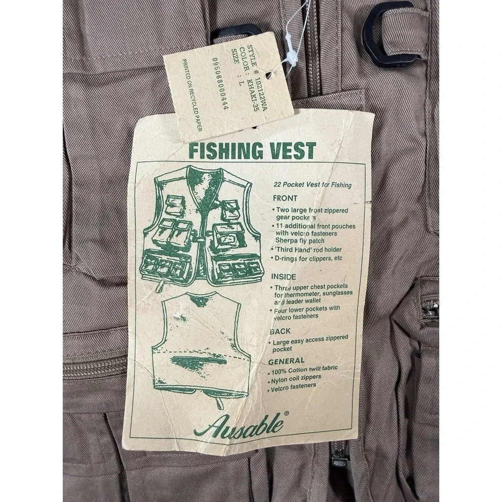 Ausable Fishing Vest Mens Large Tan Full Zip Cotton Twill Angler Outdoor NWT